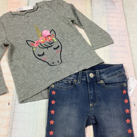 Gap Girls 18-24M or 3T Unicorn & Star Jeans Outfit - Picture 2 of 6